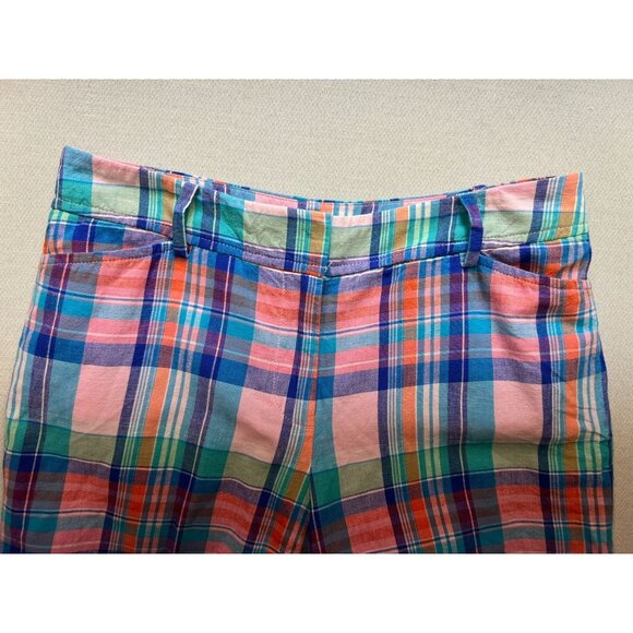 Talbots Women's Linen Perfect Shorts Flat Front Sz 2 Blue Pink Plaid Lightweight - Picture 5 of 11